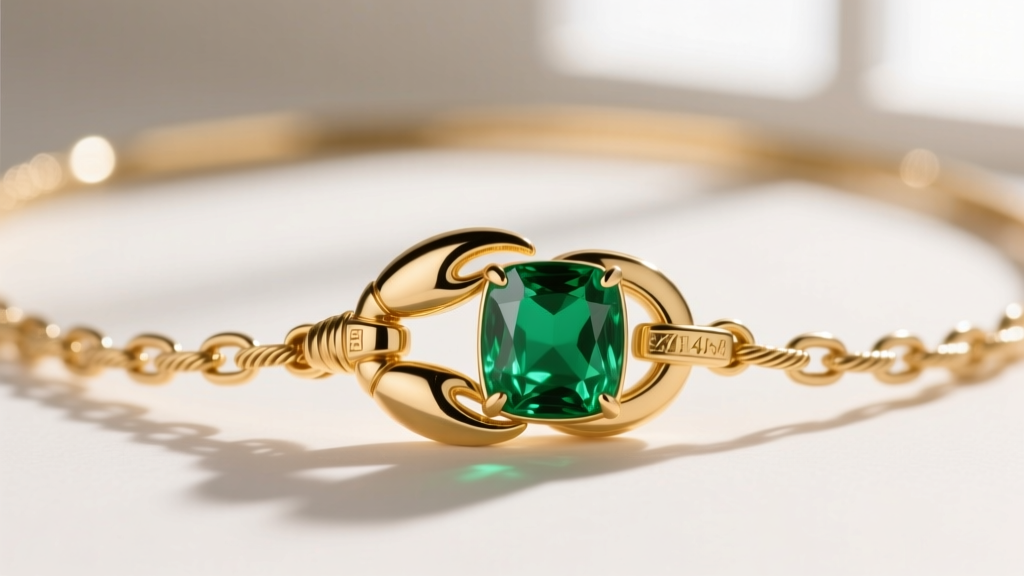 Detailed view of a heavy-duty 14k gold lobster clasp attached to a 1.5mm cable chain on an emerald necklace choker in sharp focus