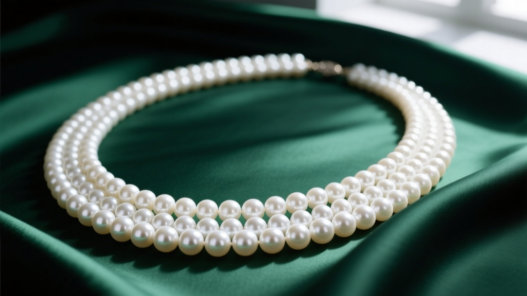 Close-up of a 60-inch extra long white freshwater pearl rope necklace draped elegantly over dark emerald green silk fabric.