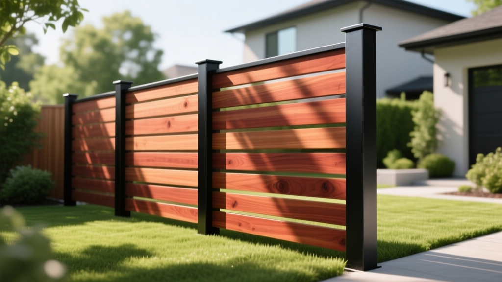 Newly installed western red cedar privacy fence with horizontal slats and black metal posts in a modern suburban backyard