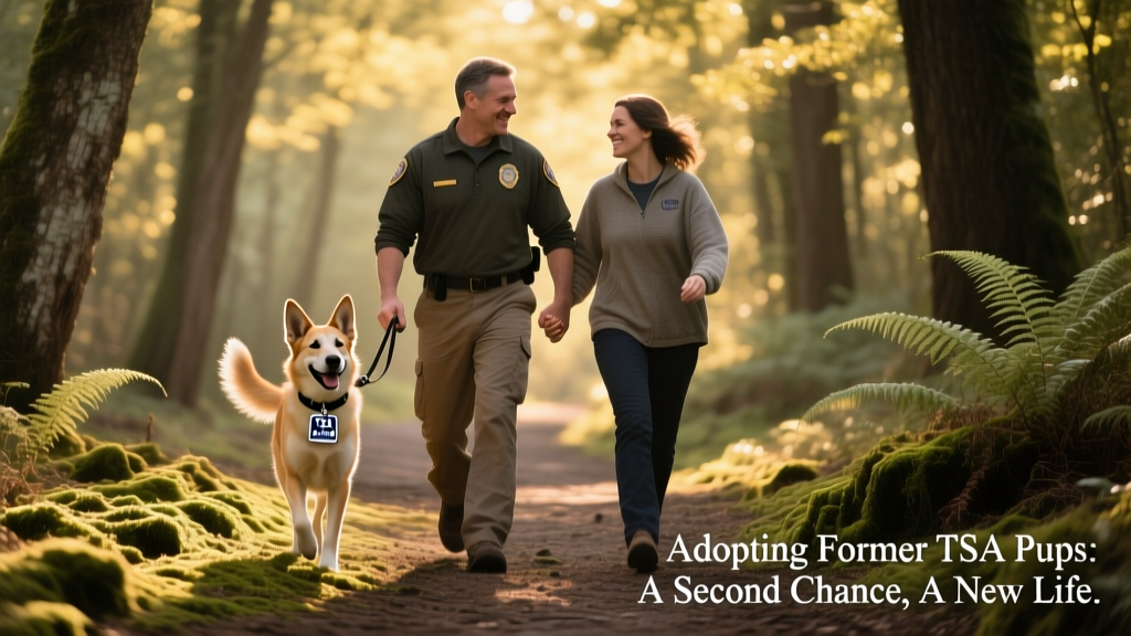 Two adopters walking their newly adopted former TSA dogs along a shaded trail, both dogs focused and happily engaged