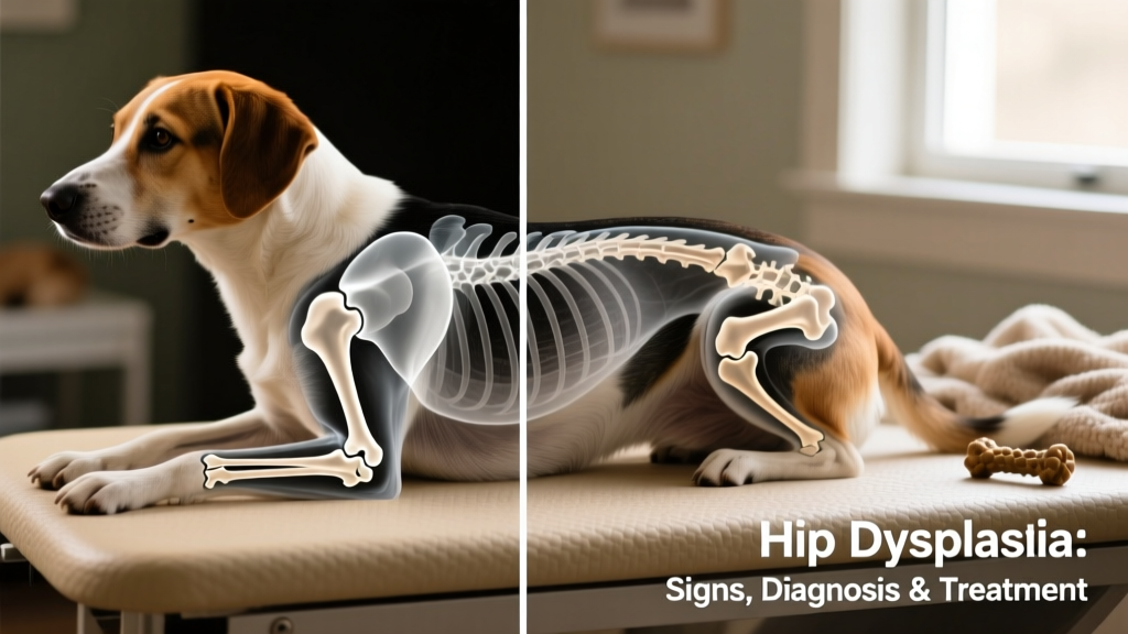 Side-view X-ray of a dog's hip joint showing normal alignment versus abnormal laxity
