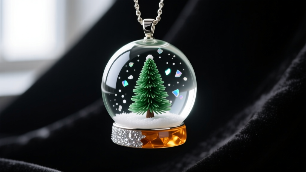 Macro shot of a 25mm borosilicate glass snow globe pendant with a miniature pine tree and floating mica snow on dark velvet