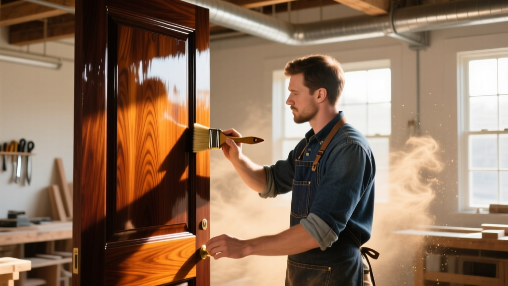 Woodworker applying high-gloss spar varnish to an exterior mahogany door with a natural bristle brush in a bright, sunlit workshop