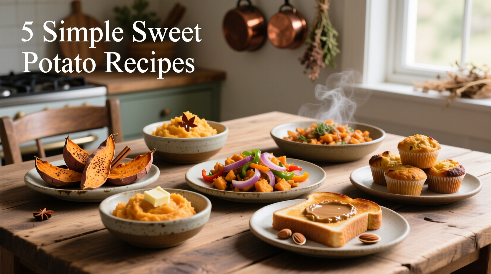Five simple sweet potato recipes on wooden table
