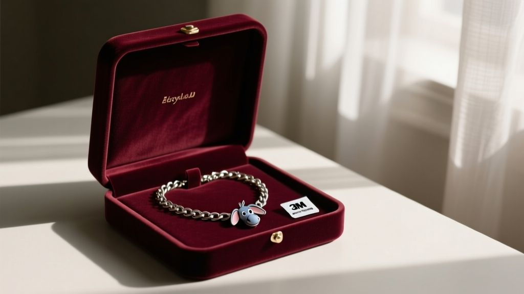 Open velvet jewelry box containing an Eeyore chain necklace stored alongside a small 3M anti-tarnish strip in a dimly lit room.