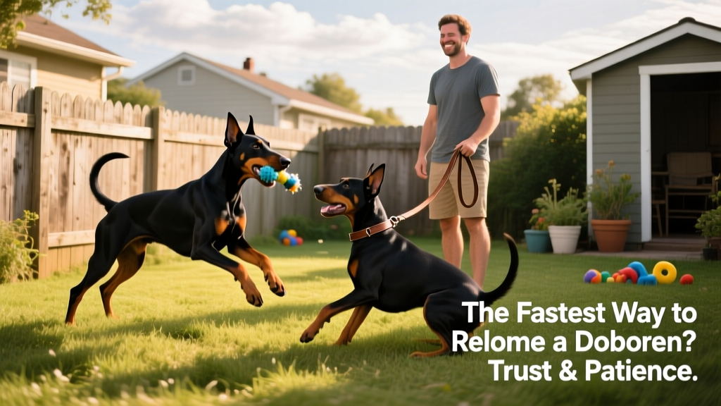 Two Doberman Pinschers playing gently in a grassy, fenced backyard with a person nearby holding a leash and smiling