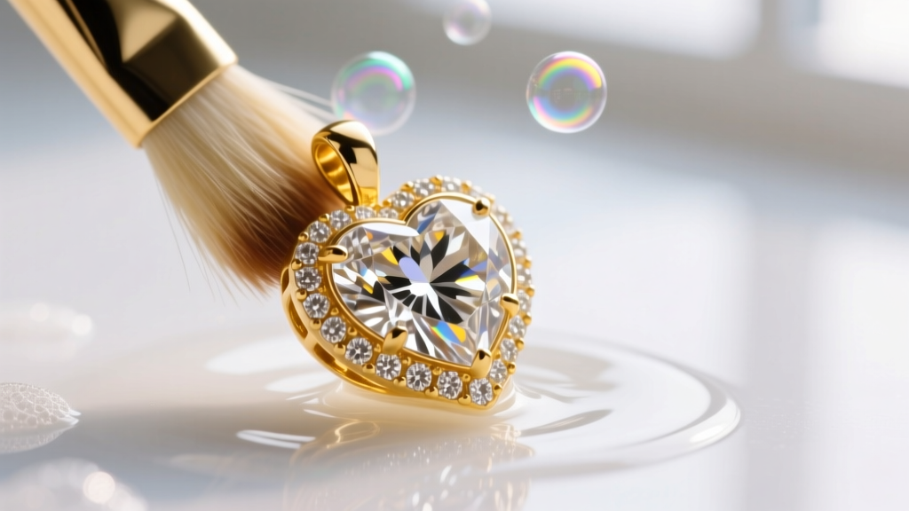 Macro shot of a soft-bristled brush gently cleaning the diamond pavilion of a gold heart pendant submerged in mild soapy water.
