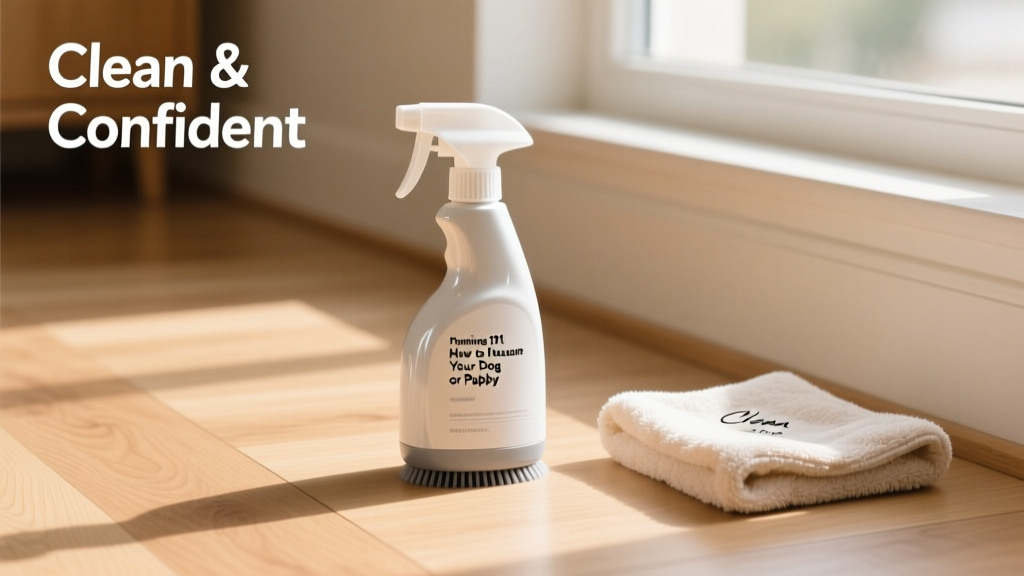 Close-up of an enzymatic pet cleaner bottle and spray nozzle next to a clean hardwood floor with a small towel nearby
