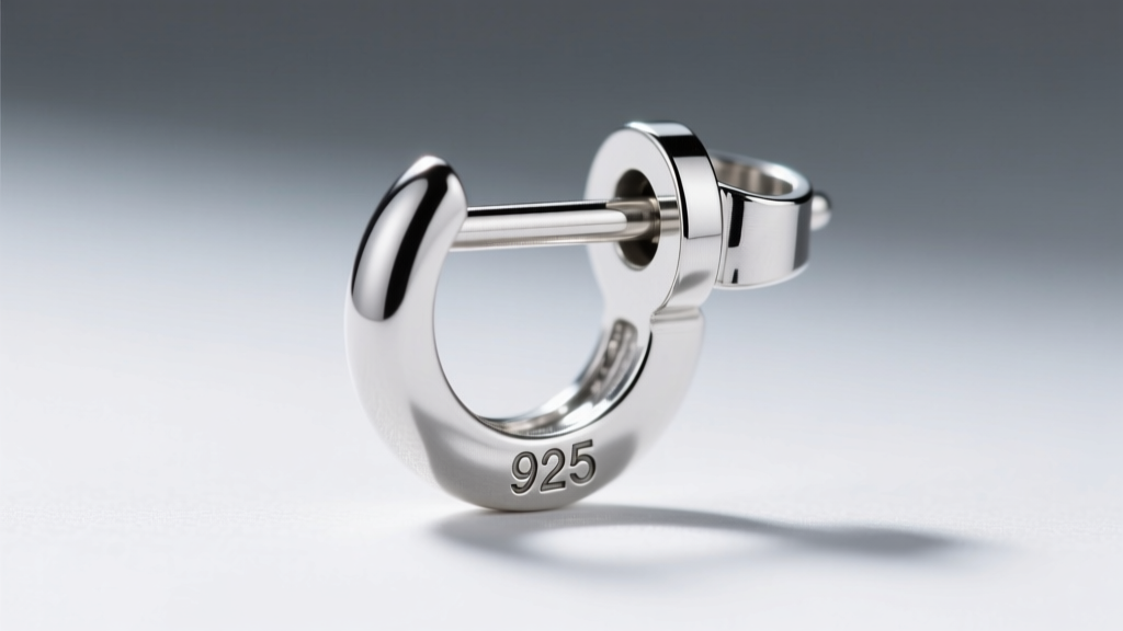 Close-up of a 20-gauge sterling silver earring post and friction back, showing rhodium plating and a laser-engraved 925 hallmark.