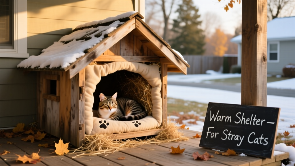 Finished DIY cat shelter placed under a covered porch with straw visible inside
