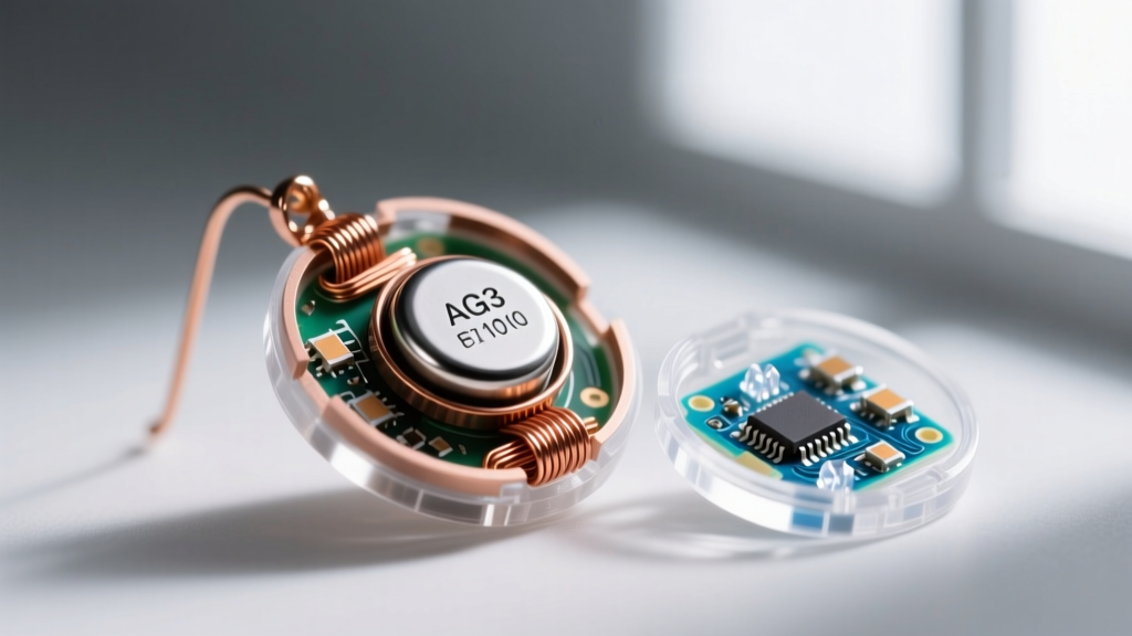 Macro shot of disassembled LED earring housing showing an AG3 button battery, copper wire contacts, and clear polycarbonate shell