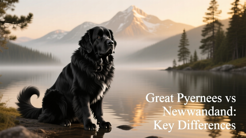 A glossy black-and-white Newfoundland sitting patiently beside a lakeshore, tail gently curled