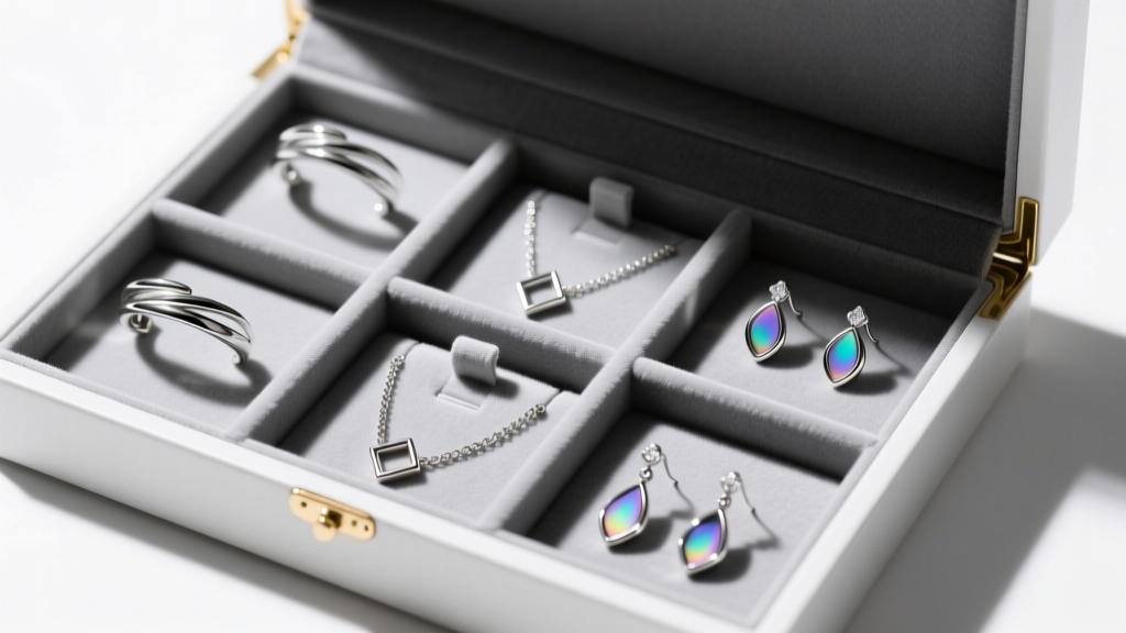 Jewelry box with individual anti-tarnish velvet compartments holding various niobium and platinum ear cuffs and drop earrings