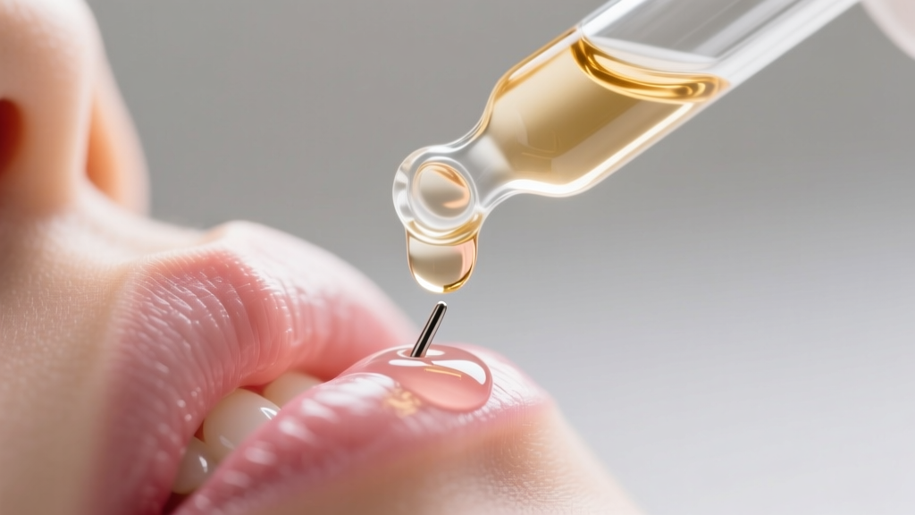 Sterile glass dropper applying warm saline solution to a freshly cleaned 16-gauge cartilage piercing to remove sebum and debris
