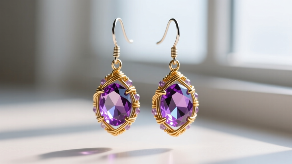 Close-up of a pair of finished beaded dangle earrings featuring niobium ear wires and faceted amethyst briolettes wrapped in 26-gauge gold-filled wire