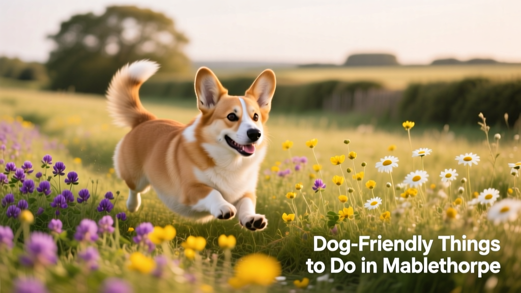 Corgi happily running through wildflower meadow near nature reserve