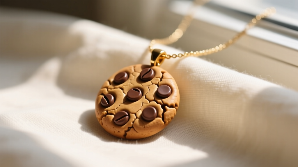 Close-up of a finished polymer clay chocolate chip cookie pendant necklace resting on soft cream linen fabric in natural sunlight