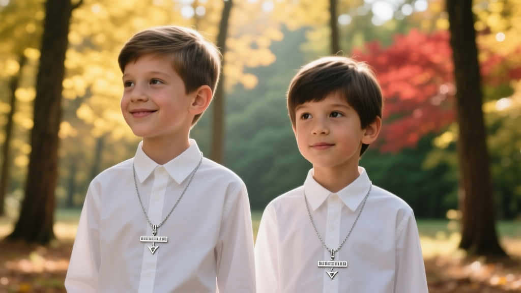 Two siblings wearing matching silver coordinate necklaces, captured in a candid outdoor portrait with softly blurred trees.