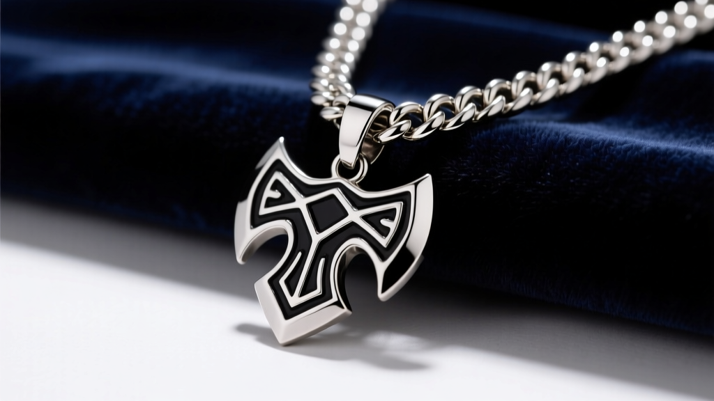Polished steel Hatchetman pendant with black enamel details resting on a thick Cuban link chain against a dark velvet background.
