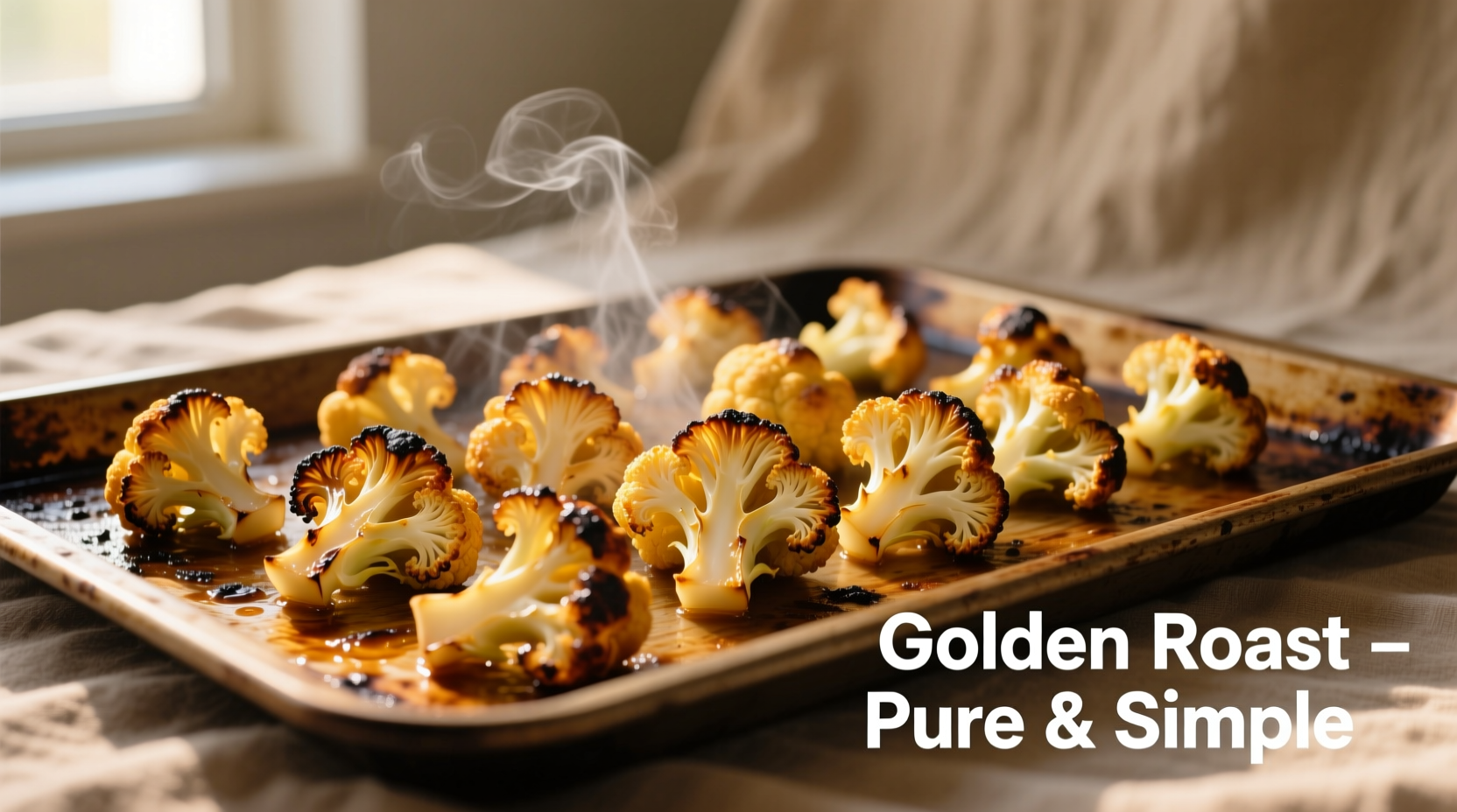 Golden roasted cauliflower florets on baking sheet