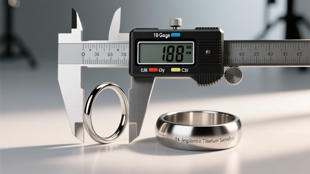 Digital caliper measuring an 18-gauge fashion hoop wire next to a thicker 14-gauge implant-grade titanium seamless ring.