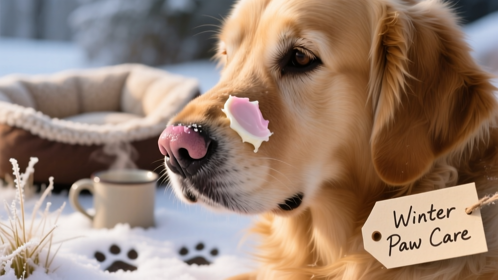 A close-up of a dog's nose being gently treated with a natural nose balm