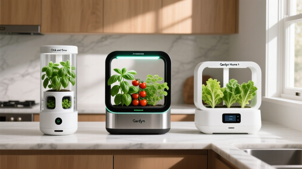 Side-by-side comparison of Click and Grow Smart Garden 3, AeroGarden Harvest Elite, and Gardyn Home 4.0 on kitchen countertops