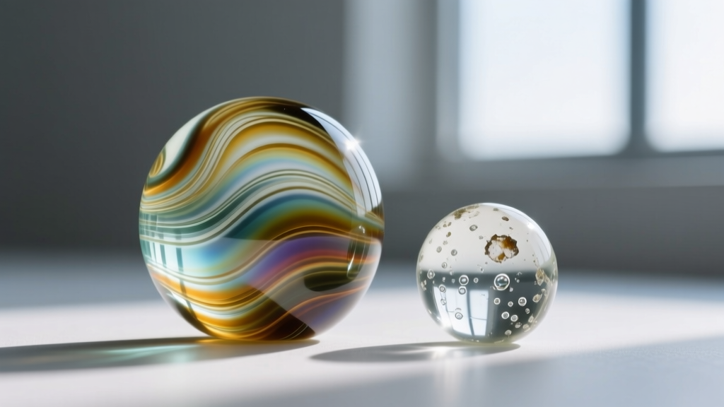 Macro view of kiln-annealed borosilicate glass showing organic striations next to a flawed, mass-produced soda-lime glass bead.