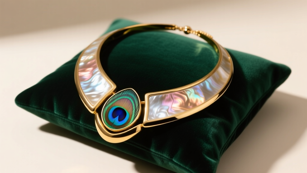 Bold mother of pearl statement necklace on emerald velvet, highlighting iridescent nacre and thick gold bezel in warm studio light.