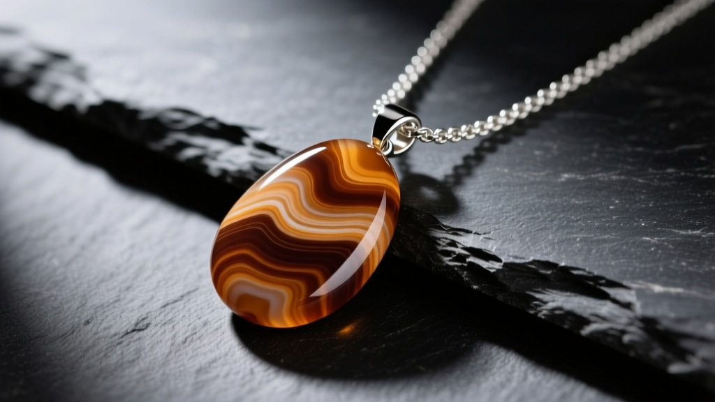 Macro shot of a polished brown jasper pendant on a silver chain on dark slate, highlighting its natural earthy banding patterns.