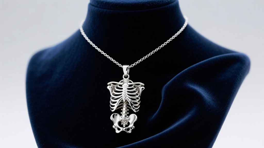 Sterling silver anatomical pendant on a 2mm box chain displayed on a dark velvet bust under soft diffused studio lighting setup