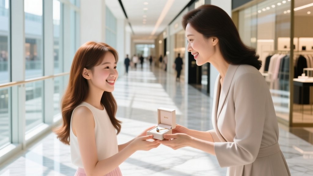 Smiling teen receiving a small jewelry box from her mother in a brightly lit mall corridor, capturing a joyful gifting moment