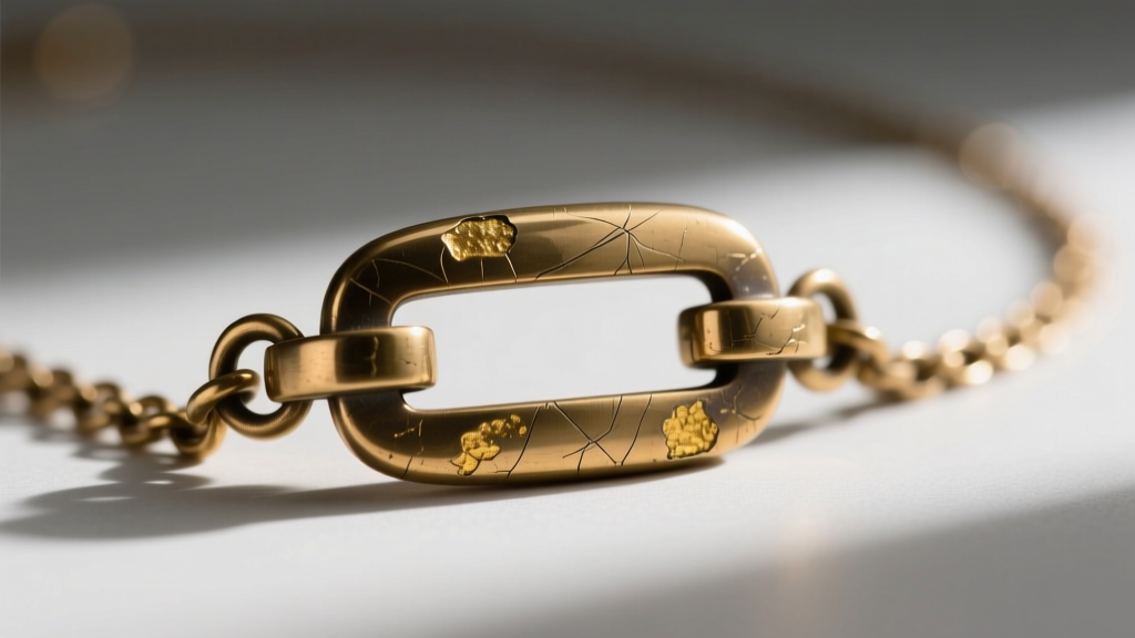 Macro shot of a brass necklace clasp showing small scratches and early signs of gold flash plating wearing off to reveal raw metal