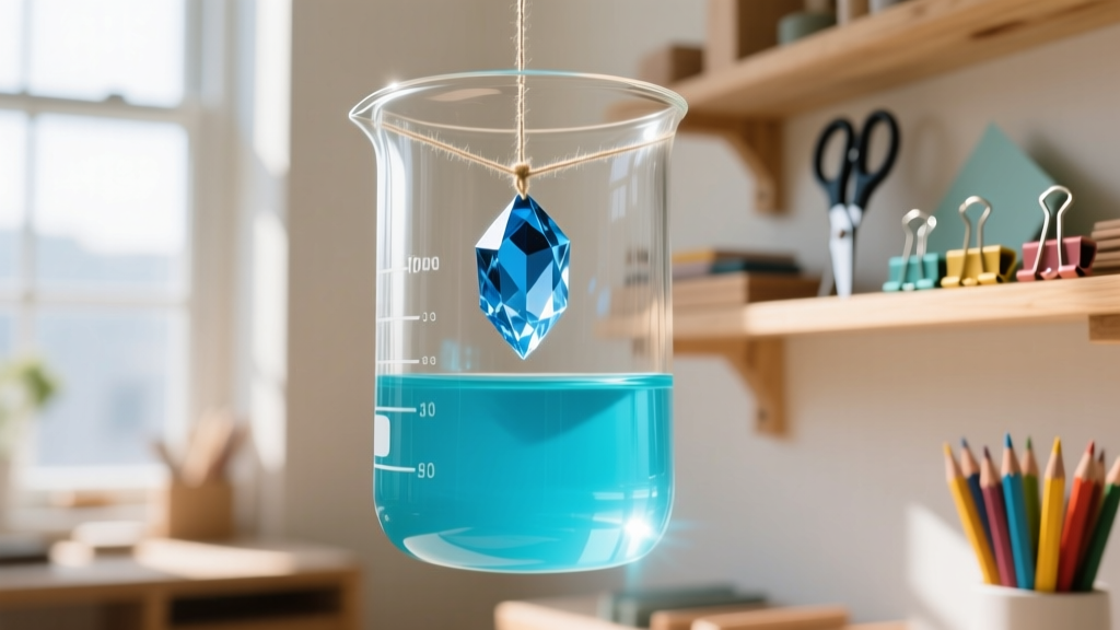 Glass beaker holding a saturated solution with a blue seed crystal suspended by a nylon thread in a brightly sunlit craft room.