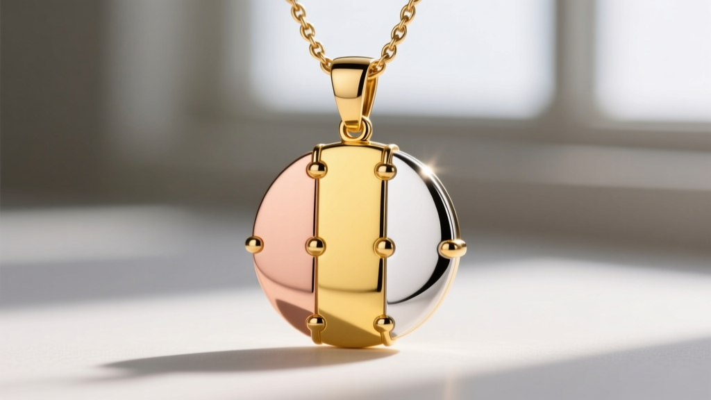 Macro shot of a tri-color gold pendant revealing seamless solder joints between 14k rose, yellow, and rhodium-plated white gold.