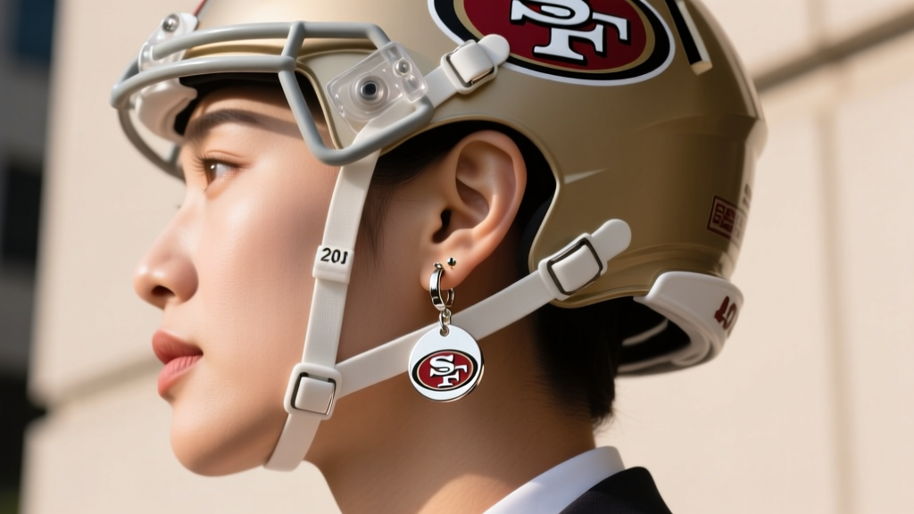 Side profile of a fan wearing a lightweight 49ers helmet dangle earring, showing a secure silicone friction backing on a 20g post