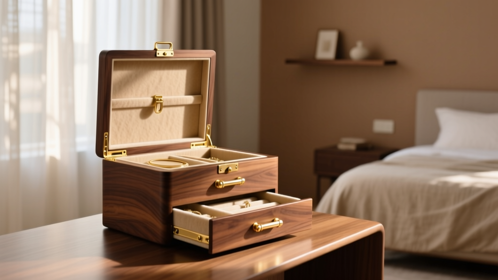 Premium walnut tall jewelry box in a sunlit bedroom, drawers open to reveal beige anti-tarnish velvet and brass hardware.
