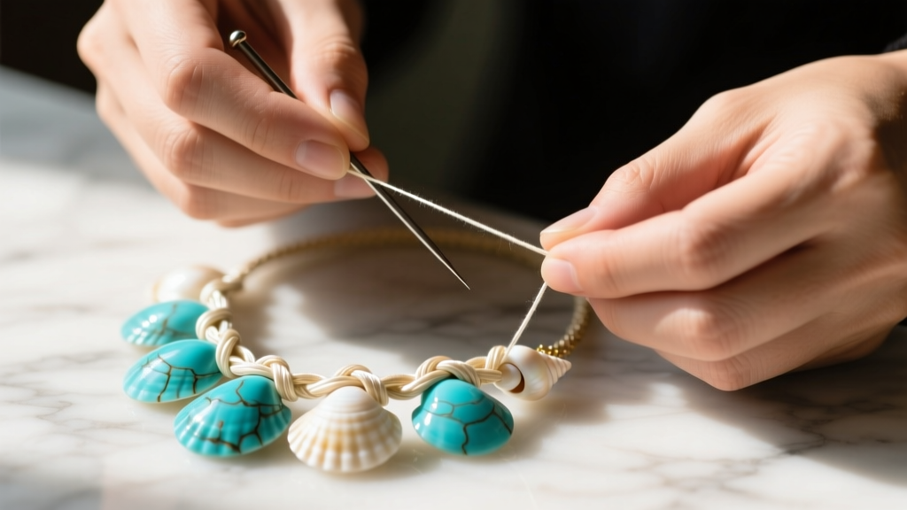 Jeweler restringing a turquoise shell necklace using a beading needle and size D silk thread, focusing on tight hand tied knots.