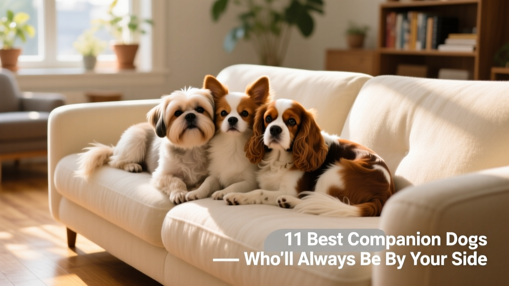A diverse group of friendly companion dogs—Shih Tzu, Papillon, and Cavalier King Charles Spaniel—snuggling together on a cozy sofa