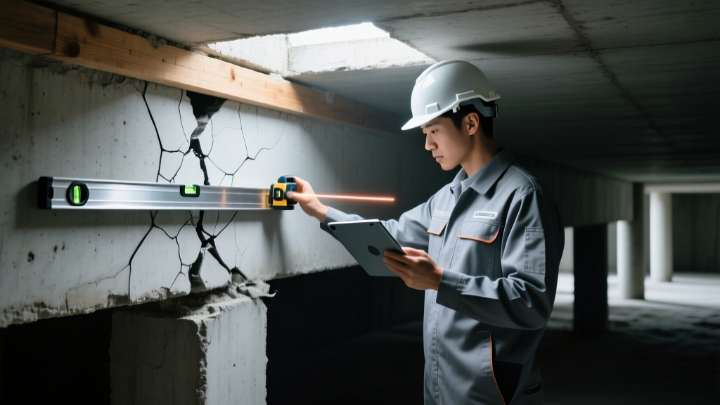 Structural engineer using a laser level and tablet to inspect a cracked concrete pier and beam foundation in a dimly lit crawl space