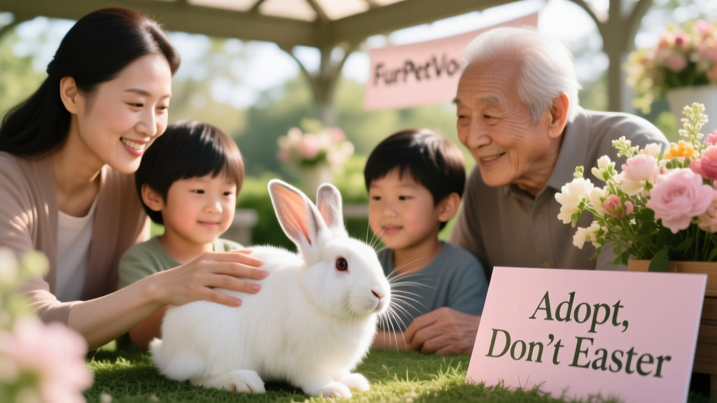 A family smiling while interacting with a calm rabbit at a FurPetVo adoption event