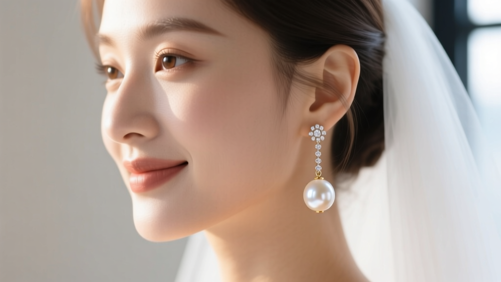 Close-up of bride wearing 18k white gold dangling pearl earrings for wedding, featuring 9mm Akoya pearls and diamond chain drops