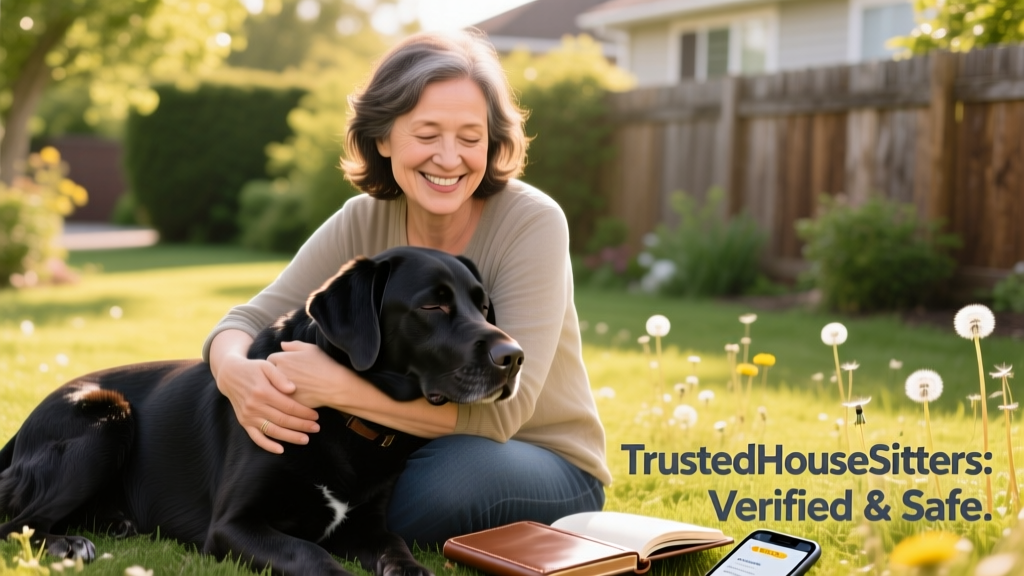 Person smiling warmly while cuddling a relaxed black dog outdoors in natural light