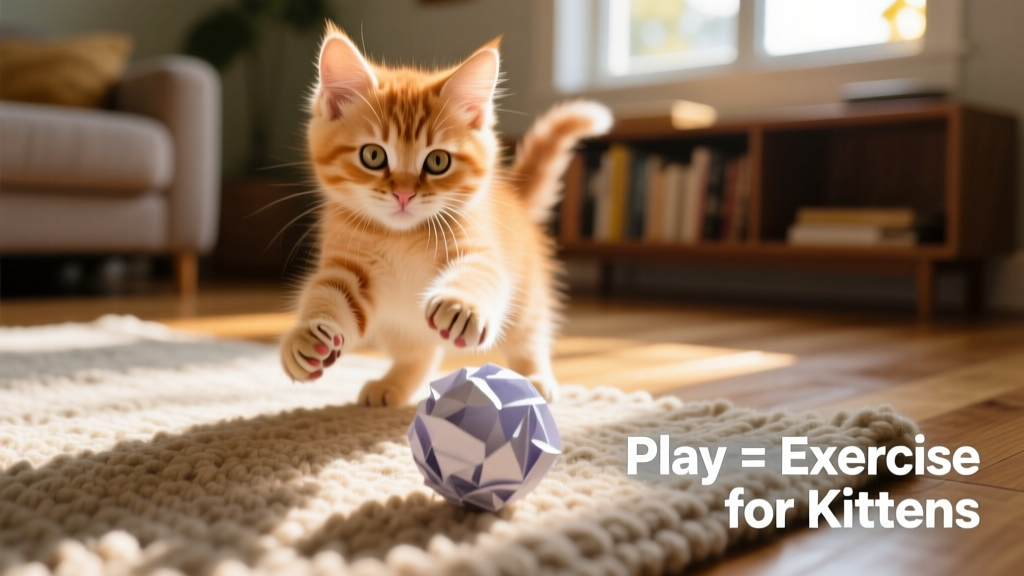Close-up of a kitten’s paws batting a crackle ball across a rug