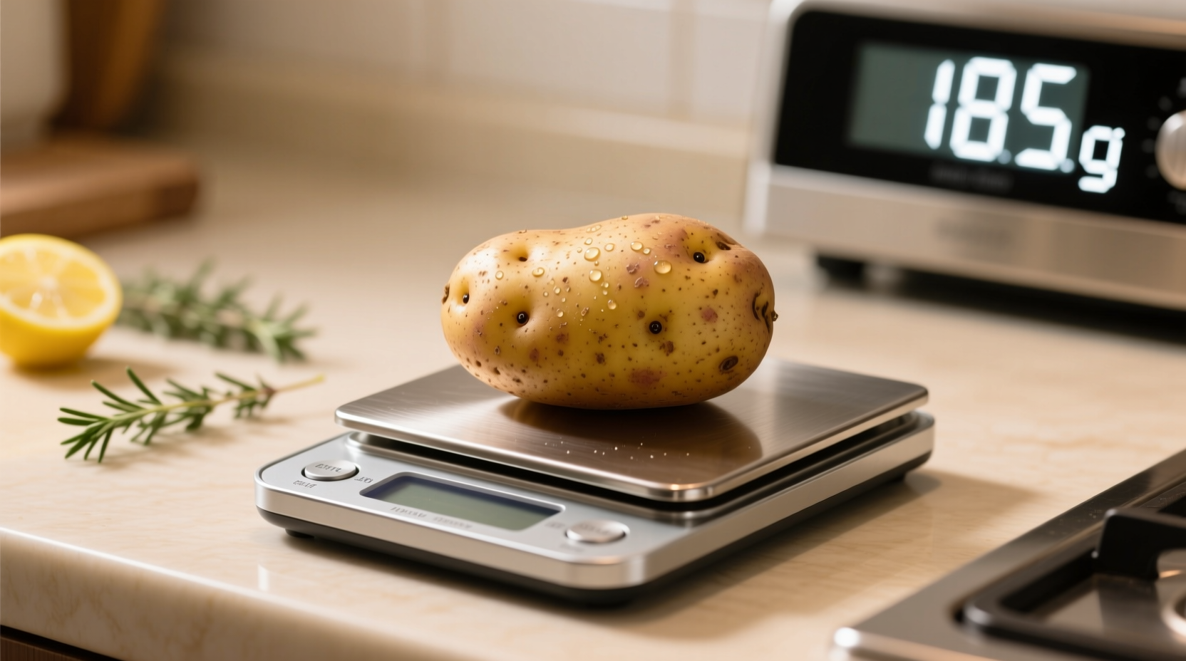 Medium potato on kitchen scale showing weight