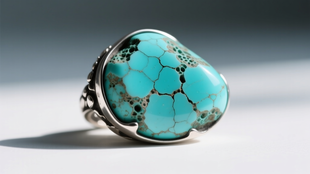 Macro view of porous turquoise in oxidized silver, showing the fragile matte surface that must avoid baking soda cleaning pastes.