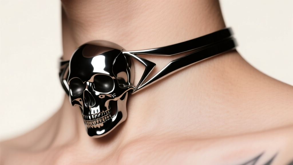 Close-up of a black PVD-coated stainless steel skull choker designed to mimic a fine-line geometric neck tattoo on a collarbone