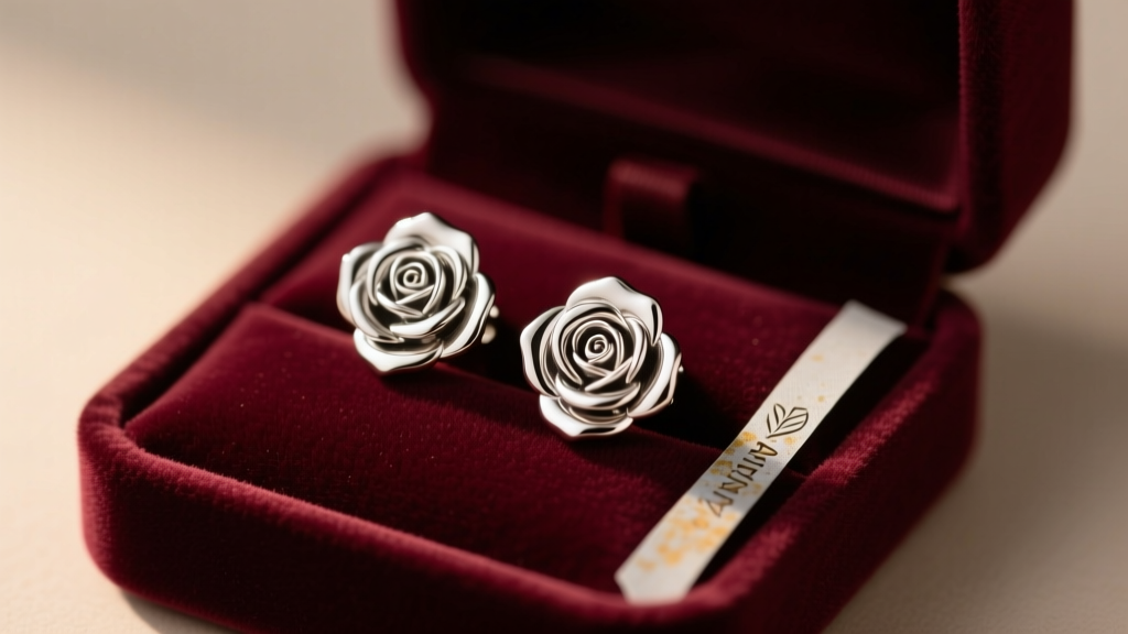 Polished silver rose earrings stored in a velvet box next to an anti-tarnish strip, illuminated by soft warm directional light.