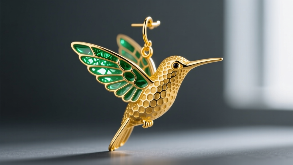 Macro shot of an 18k yellow gold hummingbird dangle earring with translucent green plique-à-jour enameled wings on dark slate.