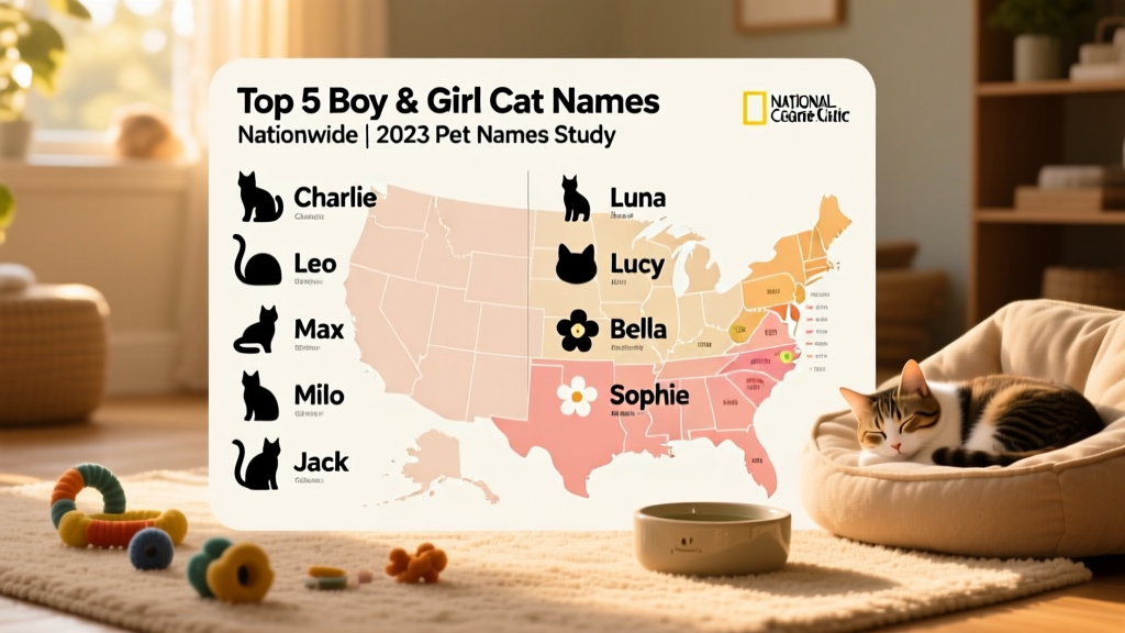 Infographic showing top five boy and girl cat names nationwide: Charlie, Leo, Max, Milo, Jack and Luna, Lucy, Bella, Sophie, Stella